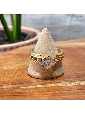 Vintage Gold Tone CZ Solitaire Ring with Channel Set Accent Stones Bridal Sz 8